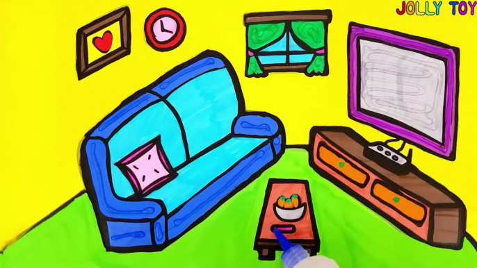 Glitter Living Room Drawing and Coloring -Living Room for Kids to Paint and Color -Jolly Toy Art