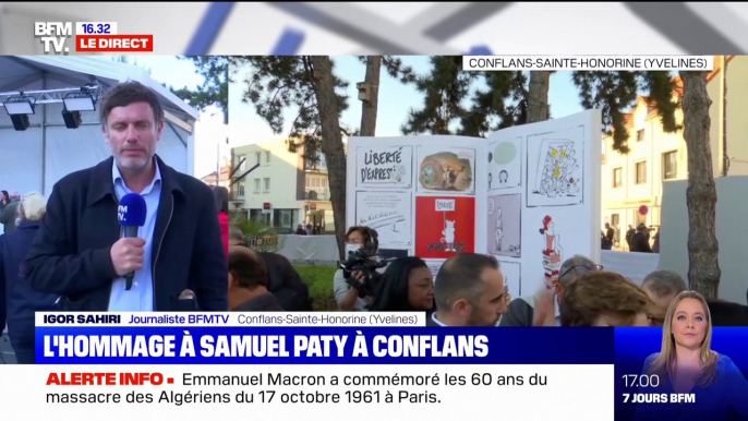 Hommage à Samuel Paty: le maire de Conflans-Sainte-Honorine dévoile un livre ouvert géant, symbole de la liberté d'expression