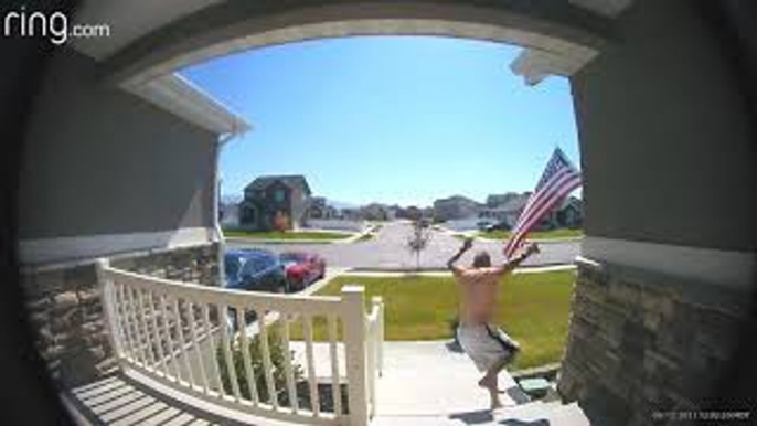 Guy Checking Flag Mount Falls Down Stairs