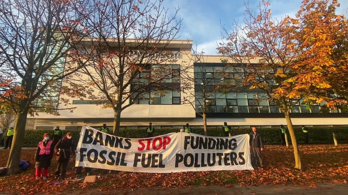 COP26 Extinction Rebellion early morning protest at JP Morgan in Edinburgh