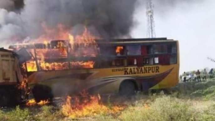 12 dead as bus catches fire after colliding with tanker