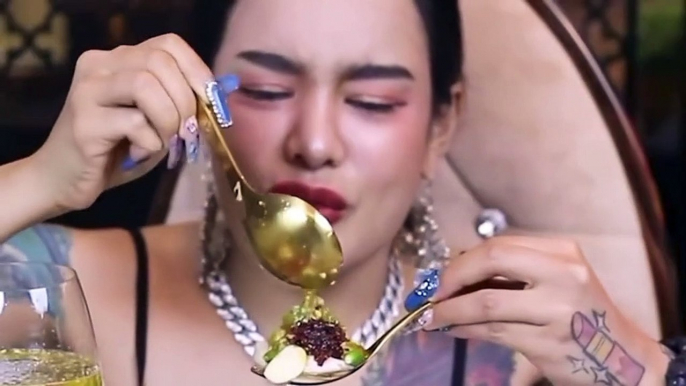 This thailand woman eating her food earnestly