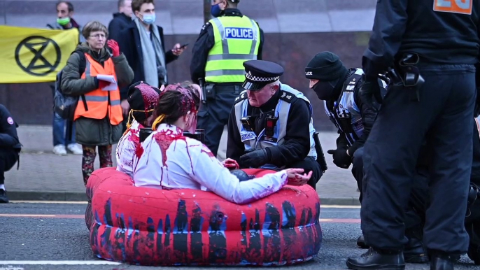 COP26 protesters close St vincent St Glasgow.