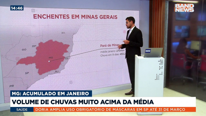 Duas das cidades mais atingidas pelos temporais em Minas Gerais já têm um acúmulo de chuvas muito superior à média histórica para o mês de janeiro.Saiba mais em youtube.com.br/bandjornalismo