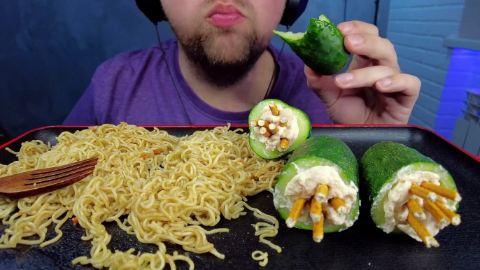 ASMR EATING NOODLES + SUPER CUCUMBERS (No Talking) Mukbang