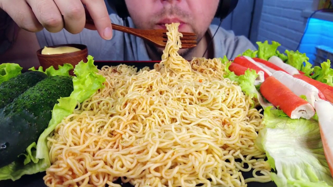 EATING NOODLES + CRAB STICKS WITH CHEESE SAUCE AND FRESH CUCUMBERS ASMR (No Talking) MUKBANG