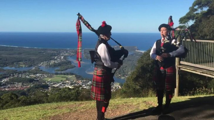 VE 75th Anniversary pipers atop North Brother mountain, Camden Haven