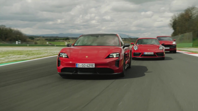 Porsche Taycan GTS Sport Turismo, 911 Carrera GTS, Macan GTS, 718 Boxster GTS 4.0 and Panamera GTS Sport Turismo in Red Track driving