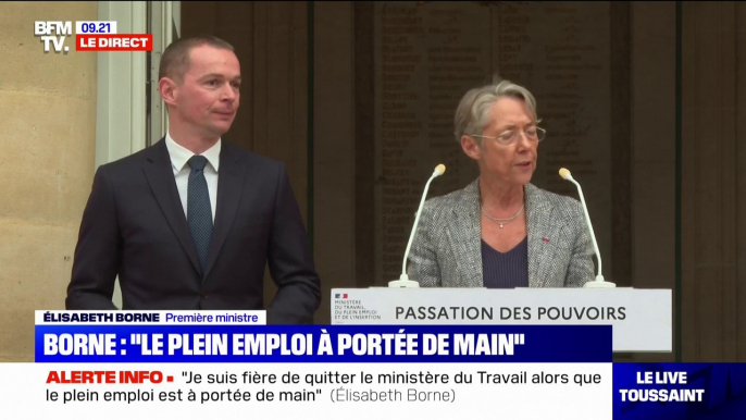 Passation de pouvoirs au ministère du Travail: "On réussit avec les partenaires sociaux, ils sont le cœur battant de notre vie sociale", affirme Élisabeth Borne