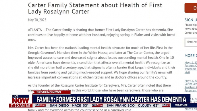 Rosalynn Carter dementia diagnosis- Former first lady, Jimmy Carter's wife update - LiveNOW from FOX