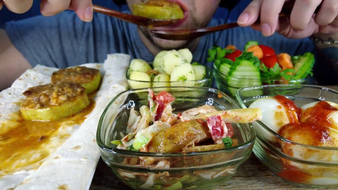 ASMR SPICY STUFFED ZUCCHINI & BOILED POTATOES WITH PARSLEY & BOILED EGGS & SALAD & FRESH VEGETABLES