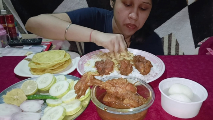 Eating show-eating rice and luchi with spicy chicken kari+sweet eating+special salad.