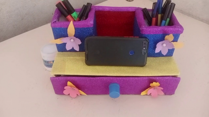 Diy- making desktop with waste papper pin and mobile holder  organizer | papper crafts
