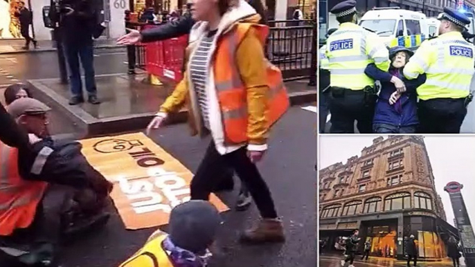 Londoners fight back against the eco mob! Moment furious man in suit DRAGS Just Stop Oil activists off the road yelling 'people have got places to be' after protesters spray-painted entrance to Harrods