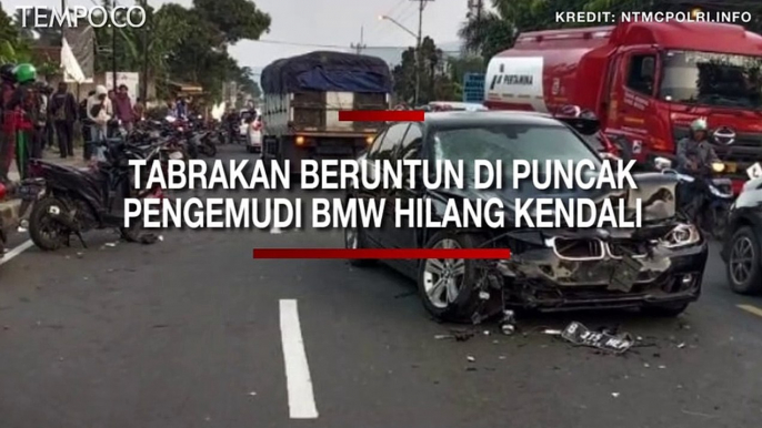 Mobil BMW Hilang Kendali, Tabrak 4 Sepeda Motor dan Satu Mobil di Puncak