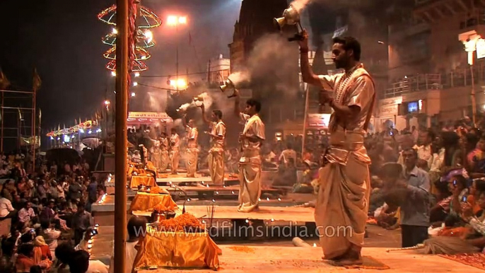 Evening Ganga aarti with incense at Ganga ghat, Varanasi