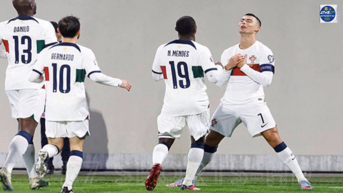 Cristiano Ronaldo tries out a new celebration after scoring Portugal's first goal in 6-0 hammering of Luxembourg as the Al-Nassr man notches his 121st and 122nd goals for his country