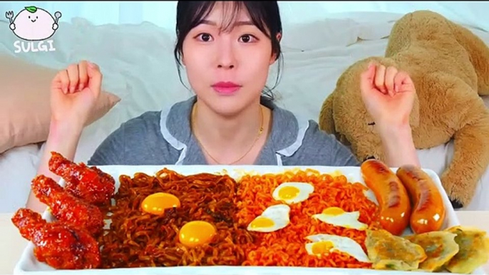 ASMR MUKBANG Black bean noodles & Fire noodles. Seasoned Chicken, Frank Sausage, Fried Dumplings.