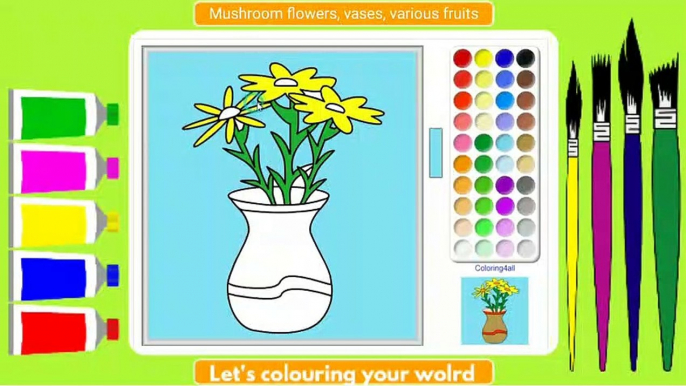 Coloring mushroom flowers, flower vases, various fruits