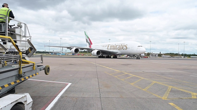 world’s largest airliner Emirates A380 lands at Birmingham Airport