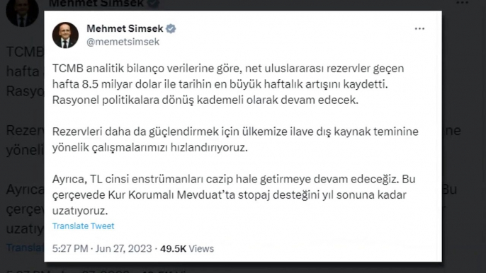 Dernière minute! Ministre Şimşek： La réserve de la Banque centrale a fait la plus forte augmentation hebdomadaire avec 8,5 milliards de dollars la semaine dernière.