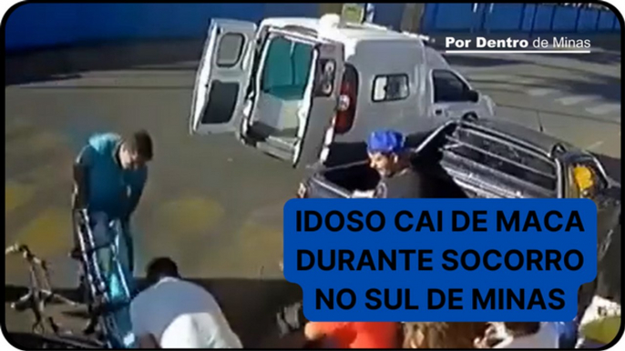 Idoso cai de maca enquanto é socorrido por enfermeiros após passar mal no meio da rua em Coqueiral