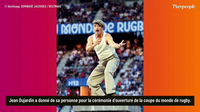 Coupe du Monde de rugby : Jean Dujardin moustachu et musclé soutenu par sa divine Nathalie Péchalat