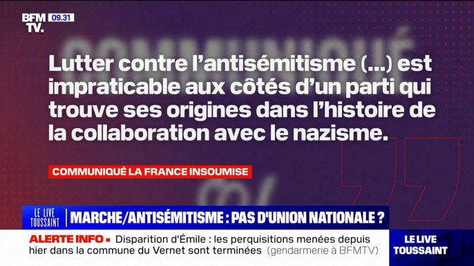 Marche contre l'antisémitisme: LFI annonce ne pas participer au rassemblement "aux côtés d'un parti qui trouve ses origines dans l'histoire de la collaboration avec le nazisme"