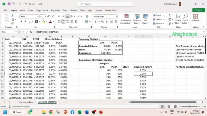 Pick 2 stocks of your choice from the SP 500 index for Monthly data of 5 years Create Efficient Frontier Minimum Variance Portfolio Optimal Portfolio Overall Portfolio for CML Capital Market Line in urdu hindi