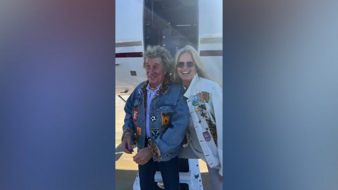 Rod Stewart and Penny Lancaster don matching outfits to board private jet to Las Vegas