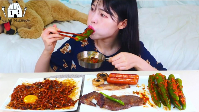 ASMR MUKBANG| Korean beef sirloin, Red pepper kimchi, Black bean noodles, Mushroom