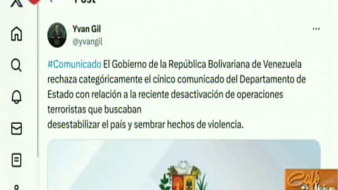 Venezuela repudia comunicado emitido por EE.UU sobre conspiraciones terroristas contra el país