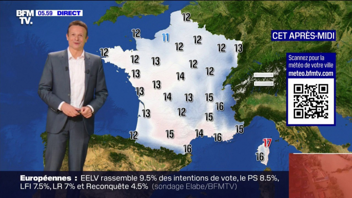 Un temps instable avec des averses ponctuelles, parfois orageuses, dans le sud-ouest et le sud-est de la France, avec des températures comprises entre 11°C et 17°C