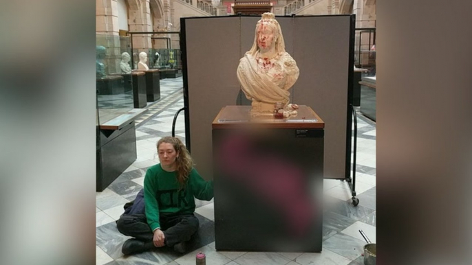 Protesters deface Queen Victoria sculpture at Glasgow museum