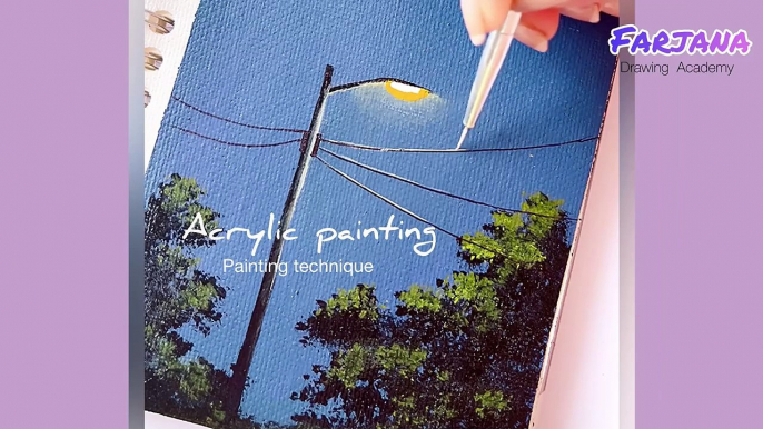 How to draw realistic night scenery with street lamp -step by step _ acrylic painting for beginners