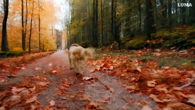 Low-angle shot of a cute dog prowling through a autumn landscape and making leafs fly