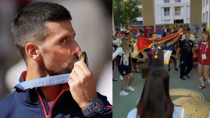 Tennis - Paris 2024 - Novak Djokovic dancing with Serbian athletes after winning his first Olympic gold medal