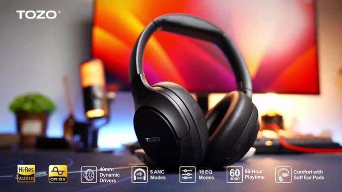 Amazon.com- TOZO HT2 Hybrid Active Noise Cancelling Headphones, Wireless Over Ear Bluetooth Headphones, 60H Playtime, Hi-Res Audio Custom EQ via App Deep Bass Comfort Fit Ear Cups, for Home Office Travel - Electronics