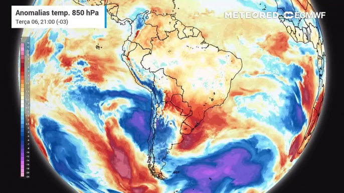 Previsão de anomalia de temperatura em 850 hPa até sexta-feira (09).