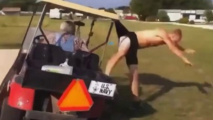 Golf Cart Wedgie Fail!Watch this hilarious and unexpected fail where a guy tries to jump over a golf cart ...wedgie! This viral video captures the perfect blend of ambition and humor, making it an instant favorite among fail enthus