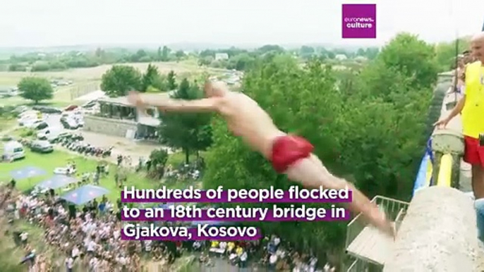 Daredevils jump from historic Kosovo bridge in 74th annual high diving competition