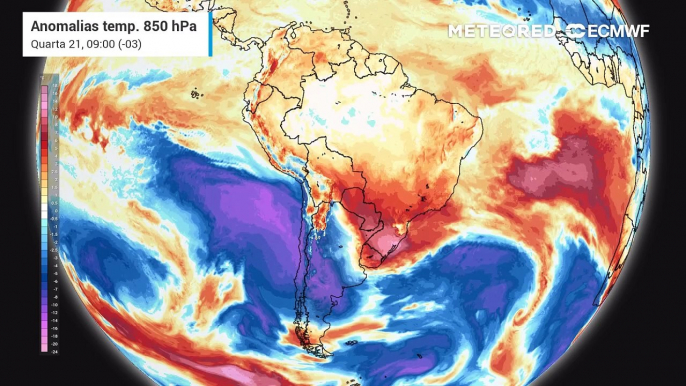 Previsão de anomalia de temperatura em 850 hPa até sexta-feira (21)