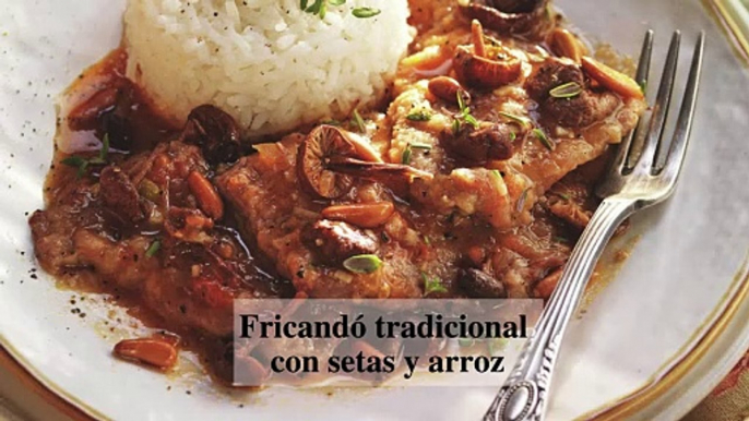 Fricandó tradicional con setas y arroz