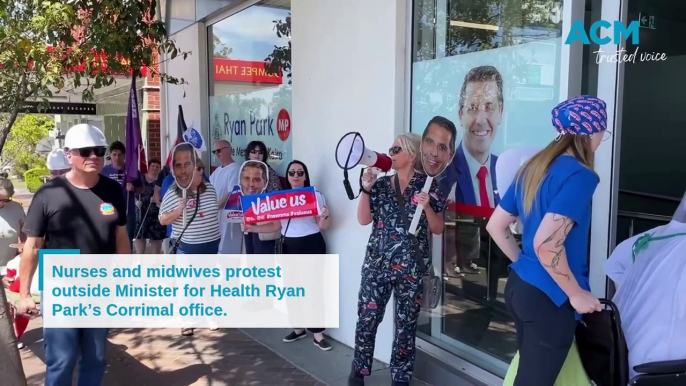 Nurses and midwives protest outside Minister for Health Ryan Park’s Corrimal office/Illawarra Mercury/ October 31, 2024