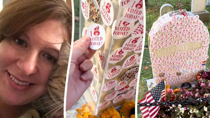 Hundreds put stickers on grave of activist Susan B Anthony after voting for Harris