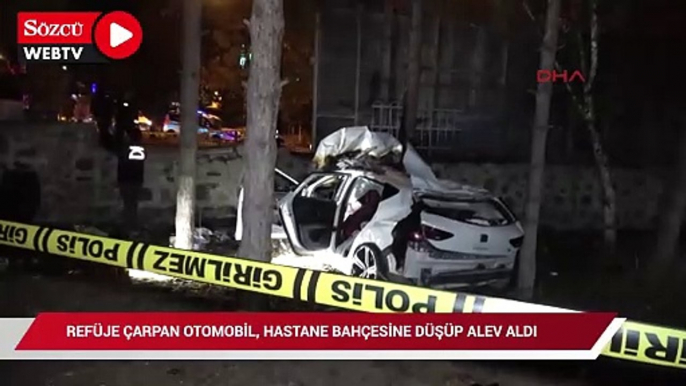 Erzurum'da refüje çarpan otomobil, hastane bahçesine düşüp alev aldı: 3 ölü